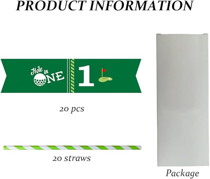 Golf Themed Birthday Party Straw Decor, 20 PCS Hole In One 1st Birthday Disposable Paper Cocktail Drinking Straw With Flag Tag for Baby 1st Birthday Party Decorations (Hole In 1)