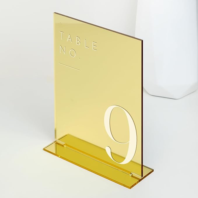JINMURY Gold Wedding Table Numbers 1-15 with Stands, 5"x7" Gold Mirror Acrylic Table Numbers, Perfect for Wedding Reception, Party, Anniversary, Event