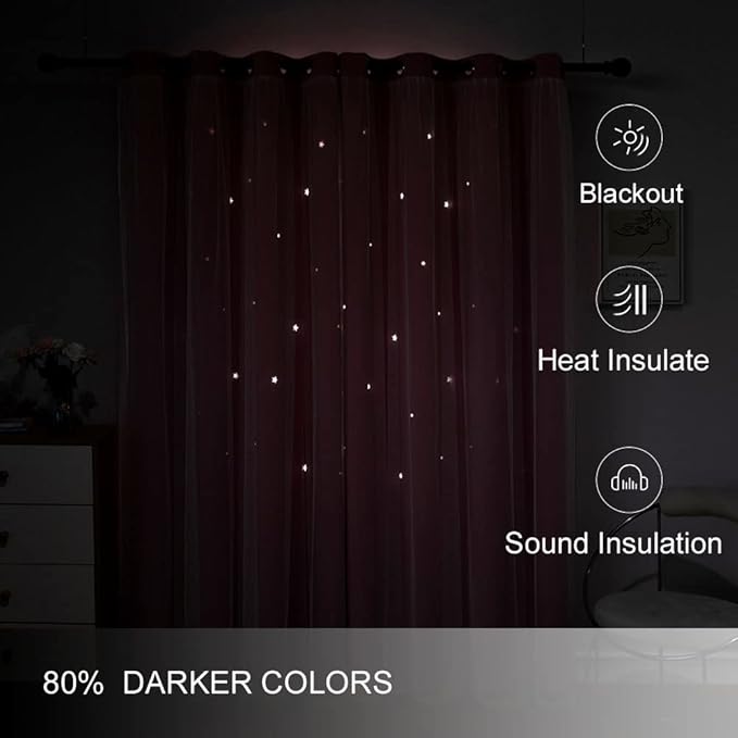 FANLI 2 Panels Star Blackout Curtains for Kid Girls Bedroom Living Room Darking Stripe Double Layer Star Cut Out Wall Home Decor Gradient Grommet Window Curtains (Pink 63L)