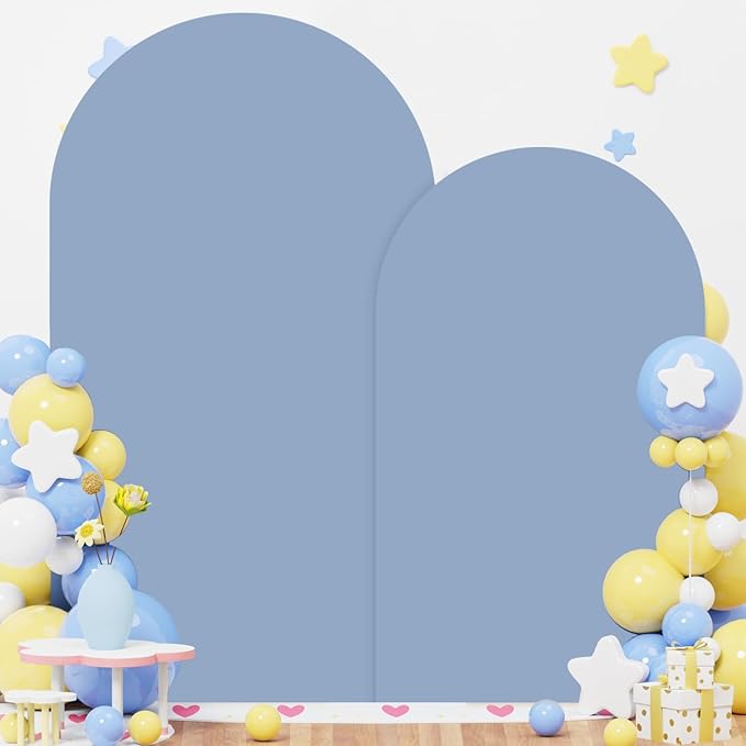 Arch Backdrop Stand and Cover Set 6FT 7.2FT Dusty Blue Arch Backdrop Covers Set of 2 Gold Metal Arch Frame Spandex Arched Covers for Birthday Party Banquet Wedding Ceremony Decor