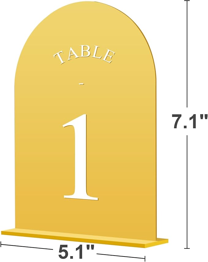 JOYIT Arch Wedding Table Numbers 1-10 with Stands – 5" X 7" Acrylic Mirrored Gold Table Number Holders, Perfect for Wedding Receptions, Parties, Anniversaries, and Events