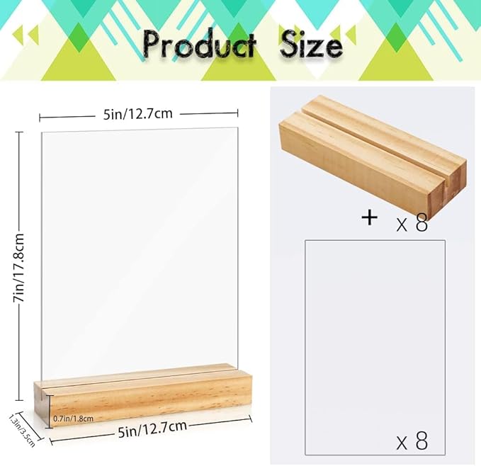 8 Pack 5 x 7 Inch Blank Clear Acrylic Table Displays with Wooden Stands - Ideal for DIY Name Cards, Menu Numbers, and Event Party Decorations（SINGLE LAYER）