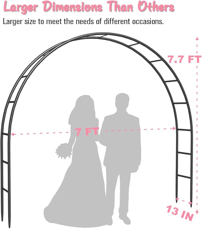 Queension Metal Arch Backdrop Stand 7Ft Wide 7.7Ft High, Wedding Arch Frame for Wedding Decorations, Balloon Arch Stand with Base for Ceremony, Outdoor Garden Arch Trellis for Climbing Plants, Black