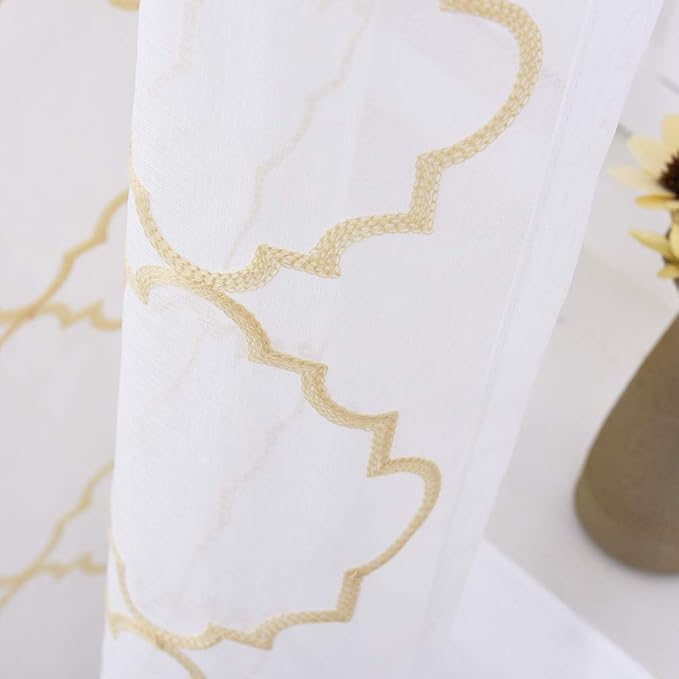 Embroidery Sheer Curtains Gold 45 Inch Length, Rod Pocket Voile Drapes for Living room, Bedroom, Embroidered Moroccan Tile Lattice Design Window Semi Curtains for Patio, Yard, 2 Panels, 52"x 45".