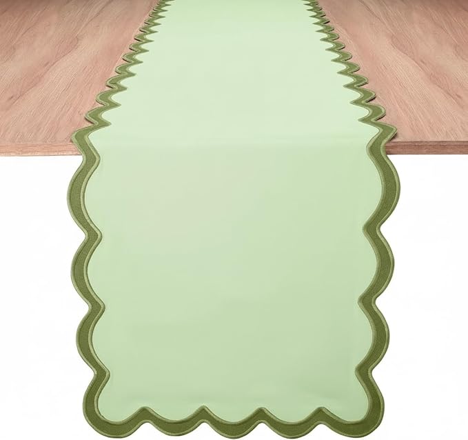 Folkulture Table Runner | Table Runners 90 inches Long | Scallop Table Runner for Farmhouse Decor or Boho Decor | Sage Green Table Runners for Dining Room Table Decor | Pastel Party Decorations