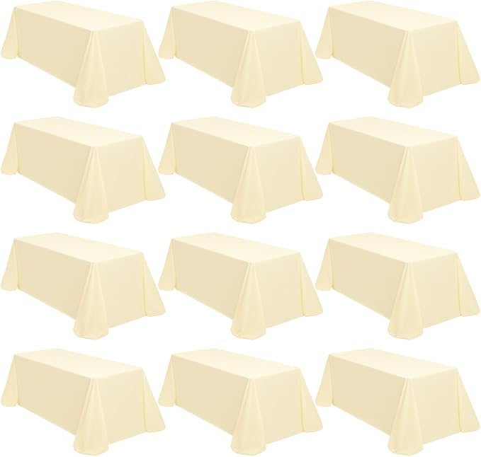 12 Packs 90 x 132 Inch Tablecloth, Beige Polyester Table Cloth for 6ft Rectangle Tables, Washable Fabric TableCover for Wedding Banquets Parties Buffet Dining Table