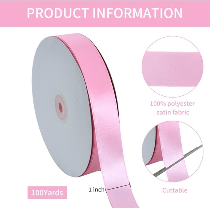 TONIFUL 1 Inch x 100yds Baby Pink Satin Ribbon, Thin Solid Color Satin Ribbon for Gift Wrapping, Crafts, Hair Bows Making, Wedding Party Decoration, Invitation Cards, Floral Bouquets, Christmas