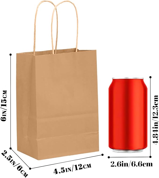 qiqee 50-Packs Brown Paper Gift Bags with Handles Bulk 4.5"x2.5"x6" Mini Size Party Favor Bags Multiple Uses