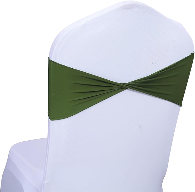 MDS Pack of 75 Spandex Chair Sashes Bows Elastic Stretch Dining Chair Bands Ties Without Slider Buckle Universal fits for Wedding Baby Shower Birthday Party Banquet Event Decoration - Olive Green