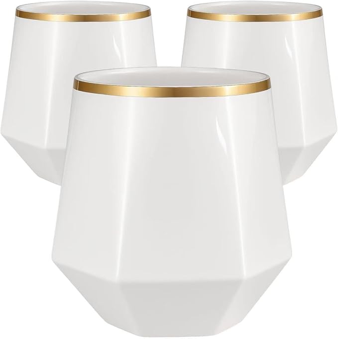 40 count Diamond Unbreakable Stemless Plastic Wine Champagne Whiskey Glasses Elegant Durable Disposable Indoor Outdoor Ideal for Home, Office, Bars, Wedding, 12 Ounce Cups (Diamond White Matte Gold)