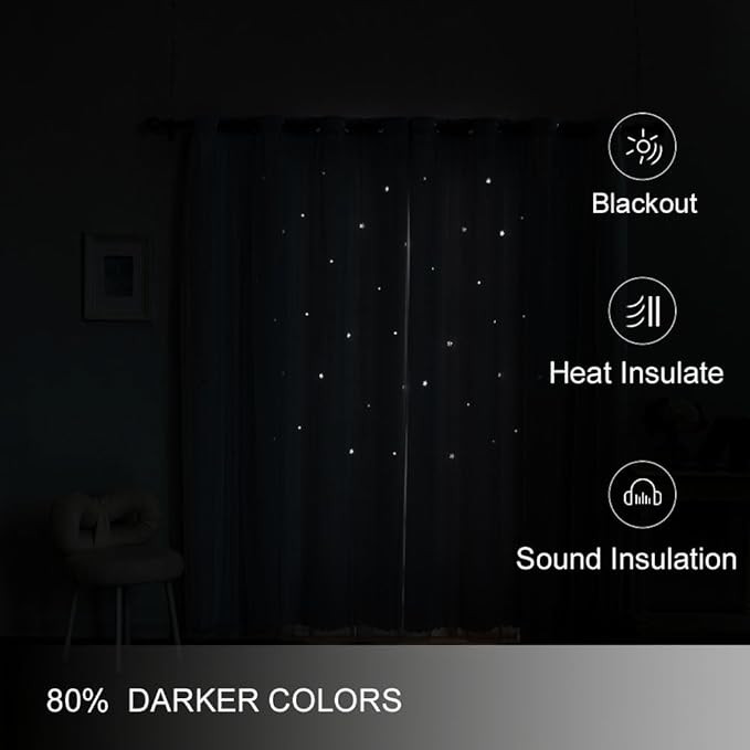 Ombre Rainbow Blackout Curtains for Kid Girls Bedroom Living Room Darking Stripe Double Layer Star Cut Out Wall Home Decor Gradient Grommet Window Curtains (Greywish White 63)