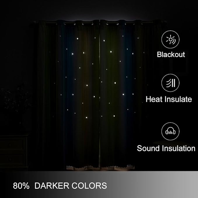 FANLI Ombre Rainbow Blackout Curtains for Kid Girls Bedroom Living Room Darking Stripe Double Layer Star Cut Out Wall Home Decor Gradient Grommet Window Curtains （Blue Green 52Wx84L）