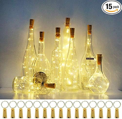 20 LED Wine Bottle Lights with Cork, 15 Pack Battery Operated Cork Shape Fairy Light Waterproof Mini Copper Silver Wire String Lights for Party, Wedding, Christmas, Bedroom Decor (Warm White)