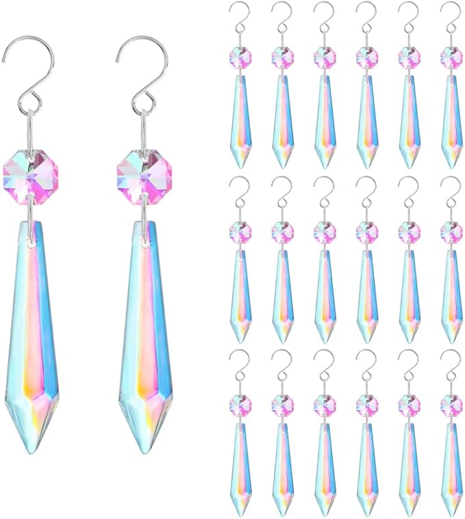 20PCS Chandelier Icicle Crystal Prisms Suncatcher,55mm Chandelier Crystals Replacement, AB Colors Crystals for Chandeliers with Hooks for Windows Wedding Lamp Decoration