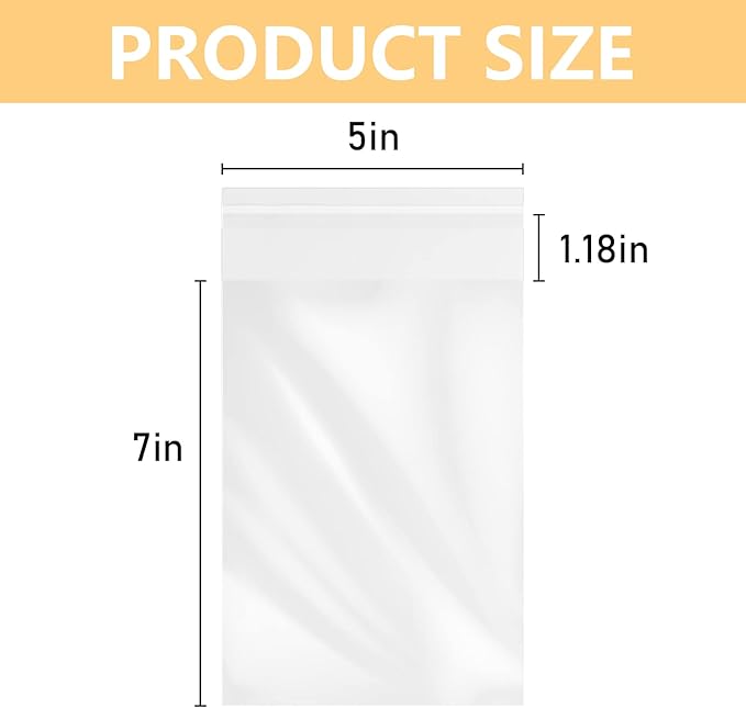 MoloTAR || 200 Pcs 5''x 7'' Clear Resealable Cello/Cellophane Good for Bakery,Adhesive Treat, Candle, Soap, Cookie Poly Bags