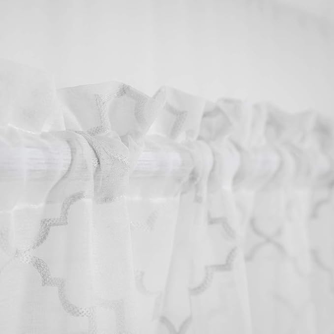 Sheer Curtains White 63 Inches,Embroidered Moroccan Tile Lattice Design Rod Pocket Voile Drapes for Living room, Bedroom, Window Treatment Crinkle Curtain Panels for Villa, Parlor, Set of 2, 52"x 63".
