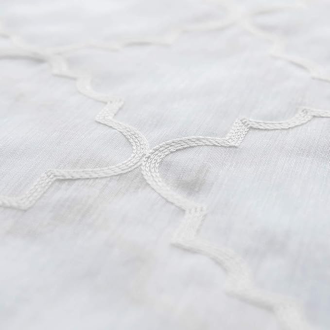 Sheer Curtains White 63 Inches,Embroidered Moroccan Tile Lattice Design Rod Pocket Voile Drapes for Living room, Bedroom, Window Treatment Crinkle Curtain Panels for Villa, Parlor, Set of 2, 52"x 63".