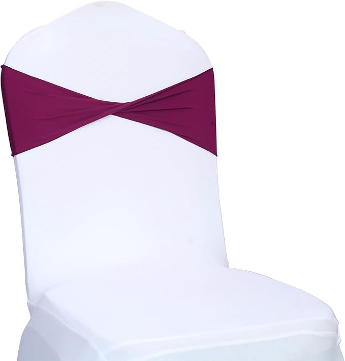 MDS Pack of 50 Spandex Chair Sashes Bows Elastic Stretch Dining Chair Bands Ties Without Slider Buckle Universal fits for Wedding Baby Shower Birthday Party Banquet Event Decoration - Eggplant