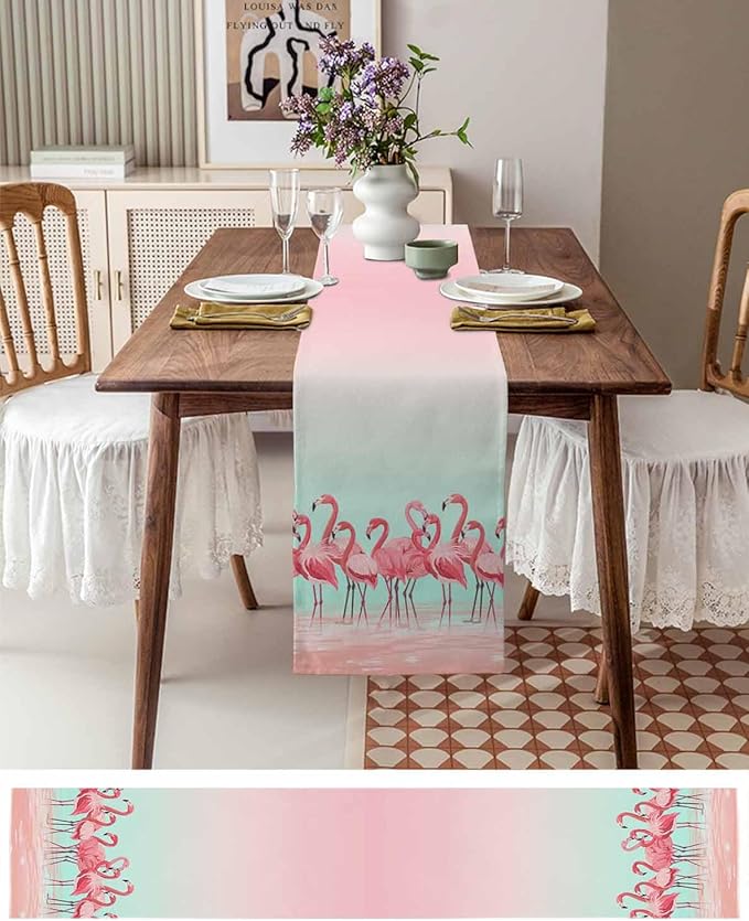 Tropical Flamingo Cotton Linen Table Runner for Dining Kitchen, Wedding Outdoor Party Tablerunners Decoration, Pink Bird Coastal Nautical Animal Dresser Scarf Coffee Tablecloth Runners 13x90 Inches