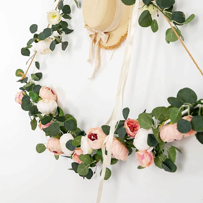 Floweroyal 2 Pack Artificial Flower Garlands 11.2FT Eucalyptus Garlands with Flowers 8 Head Peony Flower Vine Faux Floral Garland for Wedding Arch Table Wall Backdrop Wreath Decoration. (Pink & White)