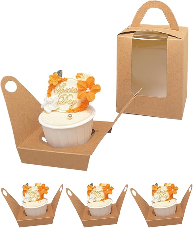 Bakepacker Auto-pop up Individual Cupcake Boxes with Window 25 Count Brown Single Cupcakes Box 3.6 x 3.6 x 4.3inch Cupcake Carrier