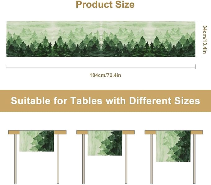 Foggy Forest Table Runner,Watercolor Wreen Misty Forest Landscape Table Runner for Kitchen Dining Table Home Party Decoration 13x60 Inch