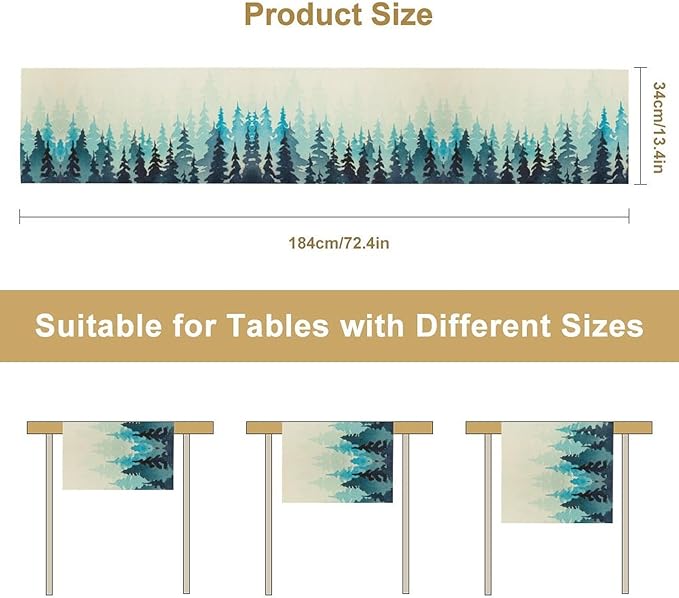 Misty Forest Table Runner,Foggy Blue Forest Landscape Table Runner for Kitchen Dining Table Home Party Decoration 13x60 Inch