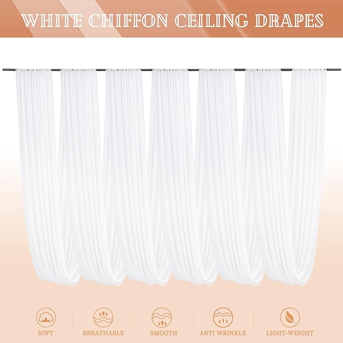 6 Panels White Ceiling Drapes for Wedding 5ftx15ft Sheer Drapery Chiffon Fabric Arch Draping Curtains for Party Ceremony Birthday Baby Shower Reception Stage Ceiling Decorations