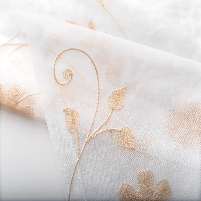 Embroidery Sheer Curtains Gold 63 Inch Length, Rod Pocket Voile Drapes for Living room, Bedroom, Window Treatments Semi Crinkle Curtain Panels for Yard, Patio, Villa, Parlor, Set of 2, 52"x 63".