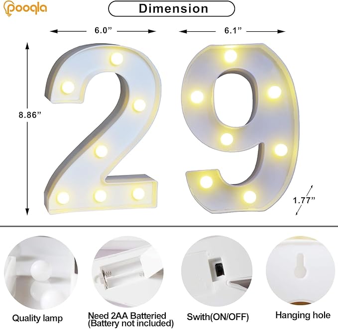 Pooqla Decorative LED Light Up Number Letters, White Plastic Marquee Number Lights Sign for Wedding Decor, Battery Operated (29)