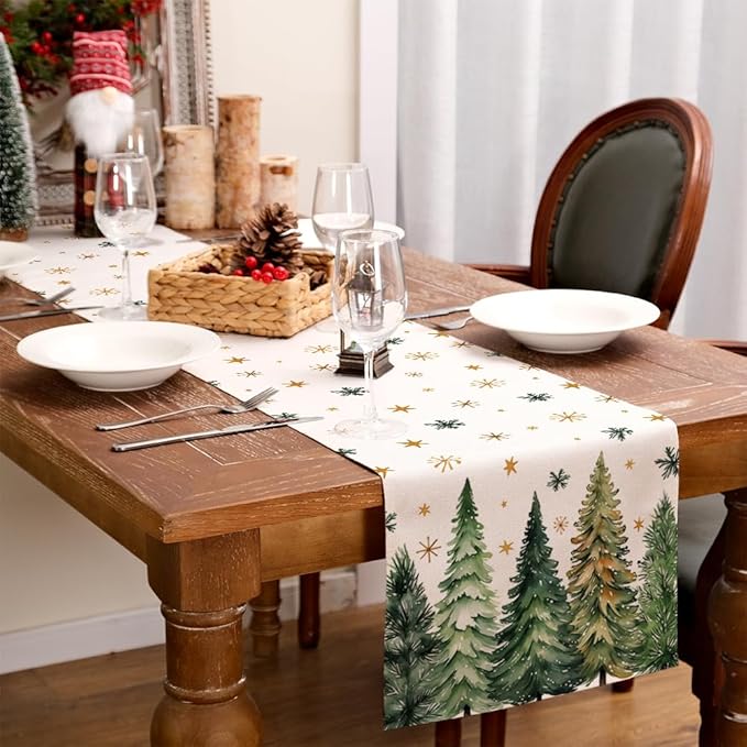 GEEORY Christmas Table Runner 13x90 Inch, Xmas Tees Snowflakes Holiday Decorative Farmhouse Table Decoration for Kitchen Dinning, Indoor Outdoor Dinner Party Decor (Light Green) GT166-90