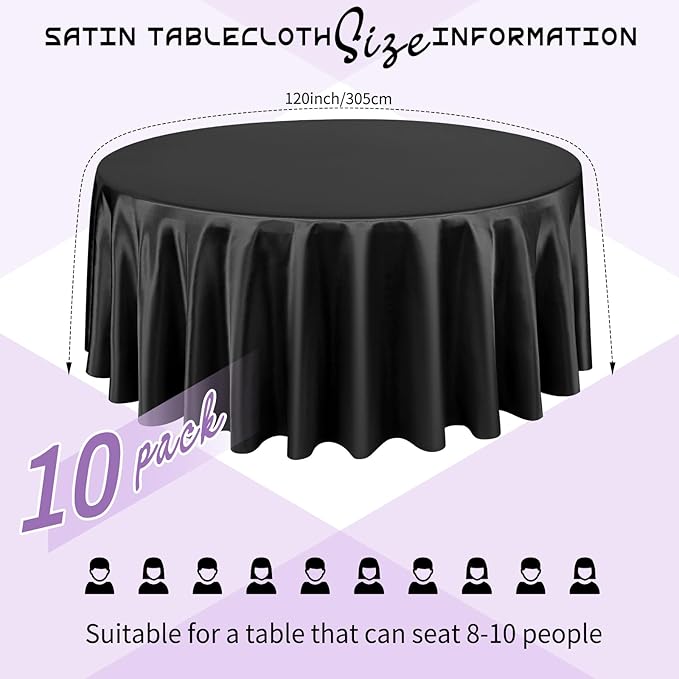 10 Packs Satin Tablecloth 120 Inch Black Round Table Cloth Silk Tablecloth Smooth Fabric Overlay Satin Table Cover Decoration for Wedding Party Banquet Events