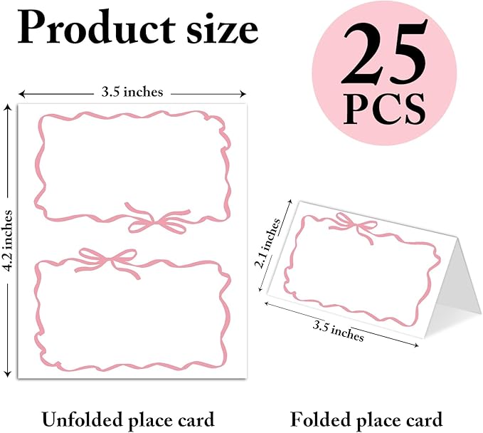 25 Pack Pink Bow Wave Place Cards, Editable Name Cards for Table Setting, Tent Cards Food Label for Dinner Party, Bridal Shower, Wedding, Baby Shower and Events -T14