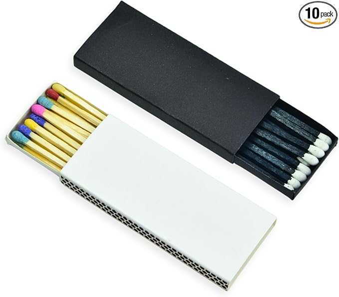 Chandler Studio 10 Boxes - Wooden Matchsticks in a Blank Matchbox with White/Black Matchboxes Colorful Tips (3" Matchboxes, 10 Boxes)