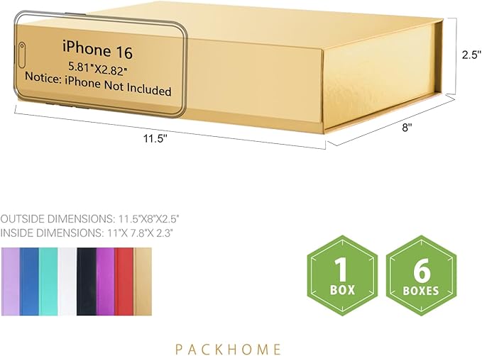 PACKHOME Gift Box 11.5x8x2.5 Inches, Sturdy Shirt Box with Magnetic Lid for Multiple Occasions (Glossy Gold)