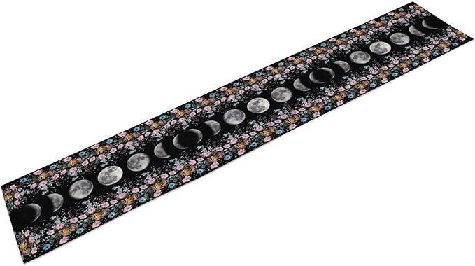 Boho Floral Moon Table Runner, Spring Flower Leaves Mystical Gothic Sun Moon Table Runner for Kitchen Dining Table Home Party,13x60 Inch Purple