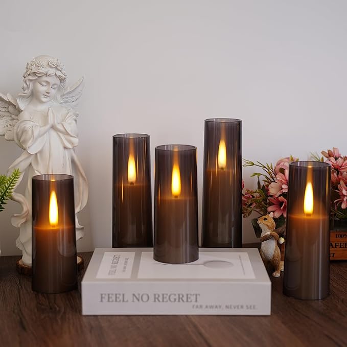 Flameless LED Candles, Upgraded Realistic Flickering Flame Battery Operated Candles with Remote Timer, Acrylic Electric Set of 5 for Romantic Ambiance and Home Decoration（Grey）