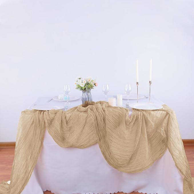 16PCS Beige Cheesecloth Table Runner - 35x120Inch Boho Gauze Cheese Cloth Table Runner Long Rustic Sheer Table Runners for Wedding Party Baby Bridal Shower Table Decor