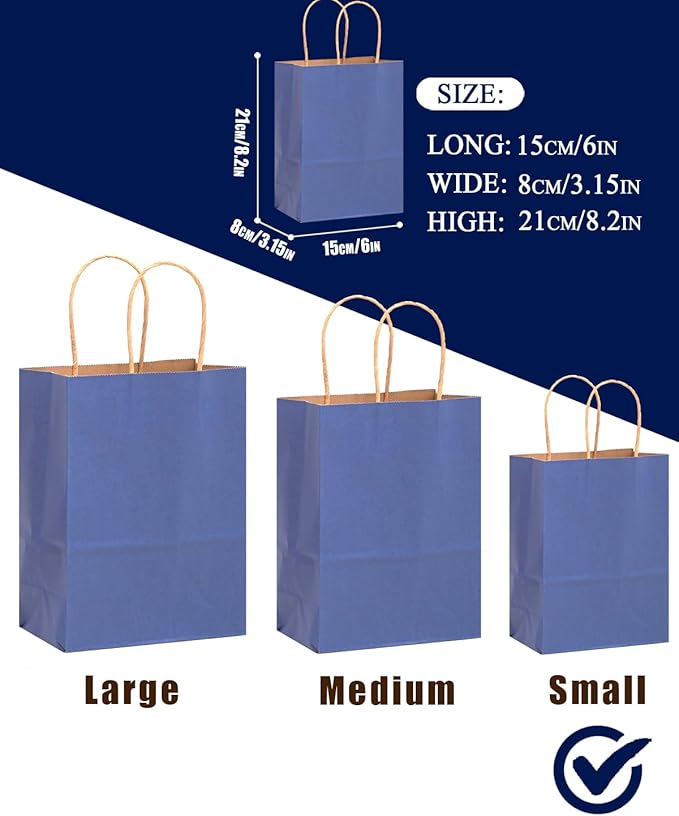 qiqee 50-Packs Gift Bag with Handles Bulk Kraft Deep Blue Paper Bags Multiple Uses (8.3"x3"x6"inch Small Size)