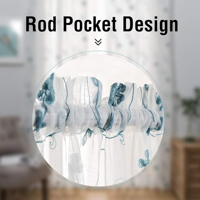 Floral Embroidery Sheer Curtains Blue 63 Inches, Rod Pocket Voile Drapes for Living room, Bedroom, Window Treatments Semi Crinkle Curtain Panels for Yard, Patio, Villa, Parlor, Set of 2, 52"x 63".