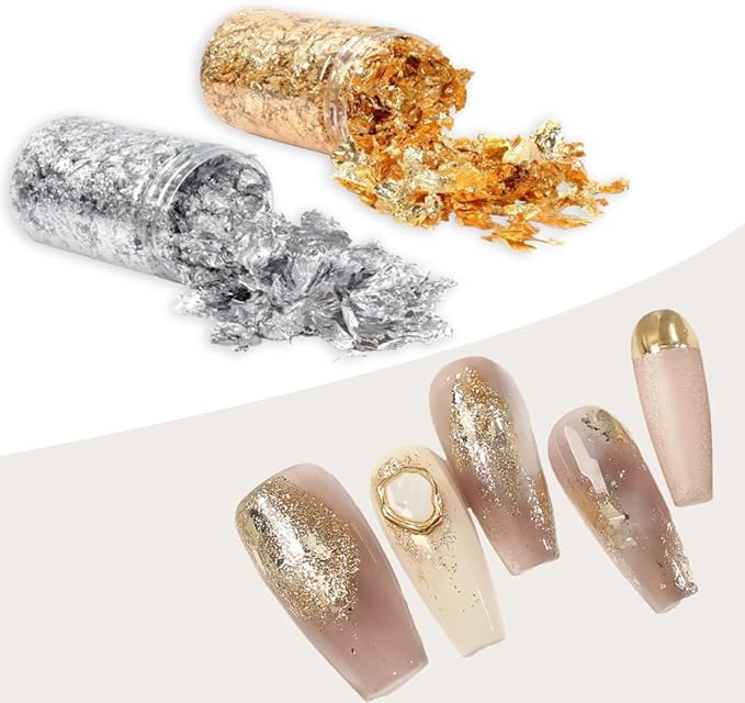 Joyzan Gold Flakes, Gold Foil Leaf Decoration Imitation Metallic Chocolates Baking Sheet Cake Decor Tweezers Resin Cooking Dessert Makeup Nail Art DIY Craft Jewelry Making Painting Slime 20g 2 Bottles