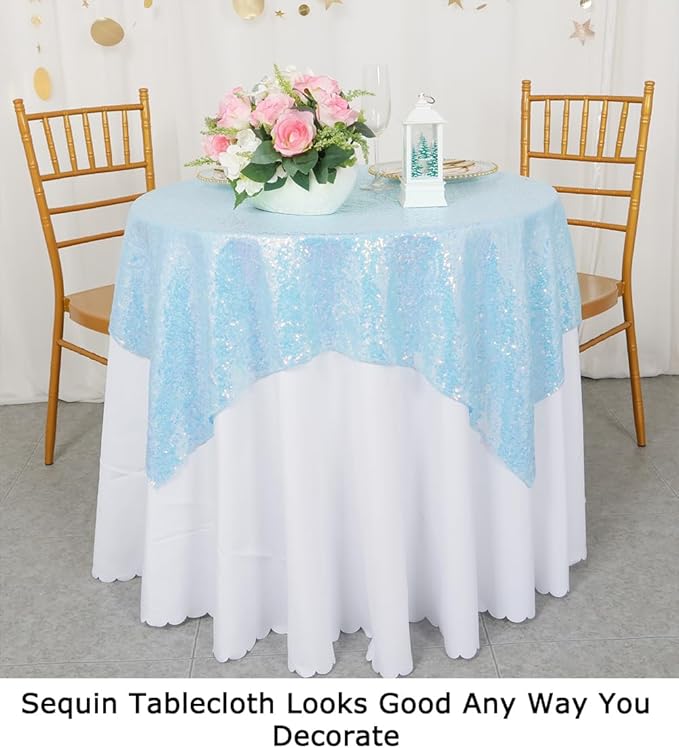 ShinyBeauty Iridescent Aqua Sequin Tablecloth Square Overlay Aqua Blue Tablecloth Cover Glitter Table Cloth Small Tablecloth for Birthday Baby Shower Decor (36”X36”)