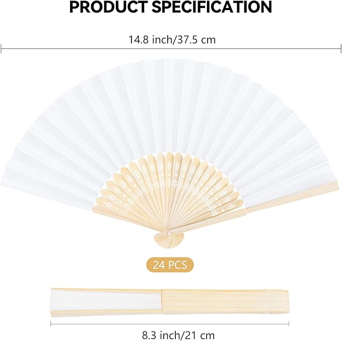 Aneco 24 Pieces Handheld Paper Fans Paper Folding Fans with Bamboos for Wedding Gift, Party, Home, DIY, White…