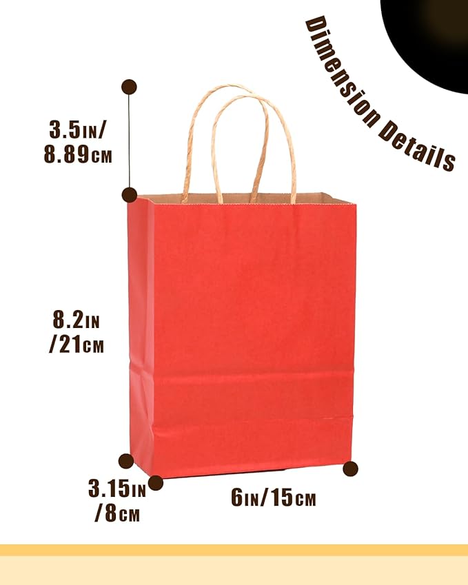 qiqee 50-Packs Gift Bag with Handles Bulk Kraft Red Paper Bags Multiple Uses (8.3"x3"x6"inch Small Size)