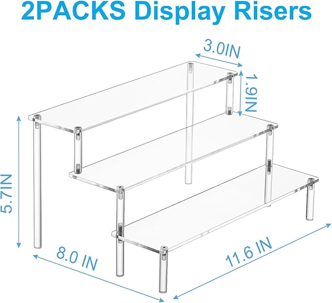 2PCS Large Acrylic Display Risers, Perfume Stand Organizer, Clear Acrylic Shelf Risers for Display Stands for Food, Tabletop Use, Amiibo Funko POP Figure, 3 Tier Clear Cupcake Stand Risers