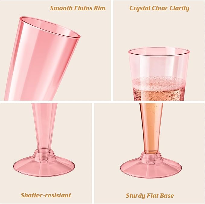 40 Pack Pink Champagne Flutes Plastic Wine Glasses Disposable, 4.5 Oz Clear Mimosa Glasses for 2025 Engagement Wedding Birthday New Years Eve Xmas Party Supplies, Bulk Toasting Cocktail Cups