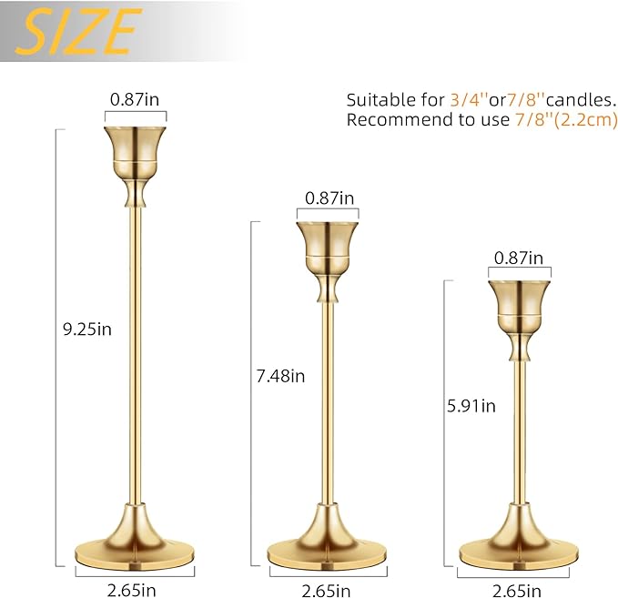 Vintage Gold Brass Taper Candle Holders for Candlesticks, Fireplace & Party - Set of 3