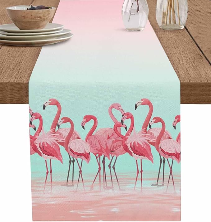 Tropical Flamingo Cotton Linen Table Runner for Dining Kitchen, Wedding Outdoor Party Tablerunners Decoration, Pink Bird Coastal Nautical Animal Dresser Scarf Coffee Tablecloth Runners 13x60 Inches