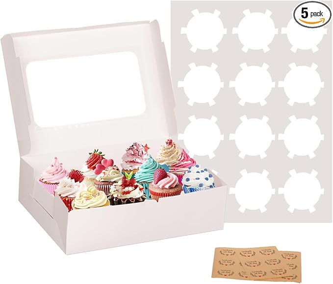 Yeplan 5 Packs Cupcake Boxes 12 Count,White Cupcake Carriers with Window,13.4x9.8x4 Inches Cookie Boxes,Cupcake Containers,Bakery Boxes