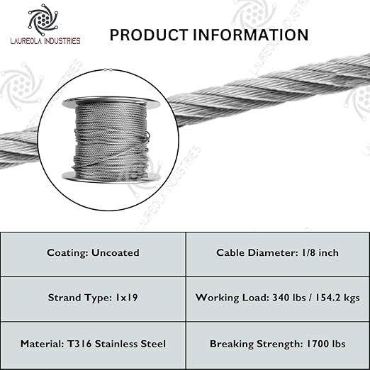 Laureola 1/8" Type-1x19 Grade-316 Stainless Steel Cable Railing Wire Rope - 100ft